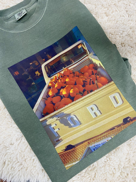 Yellow pumpkin truck moss comfort colors tee