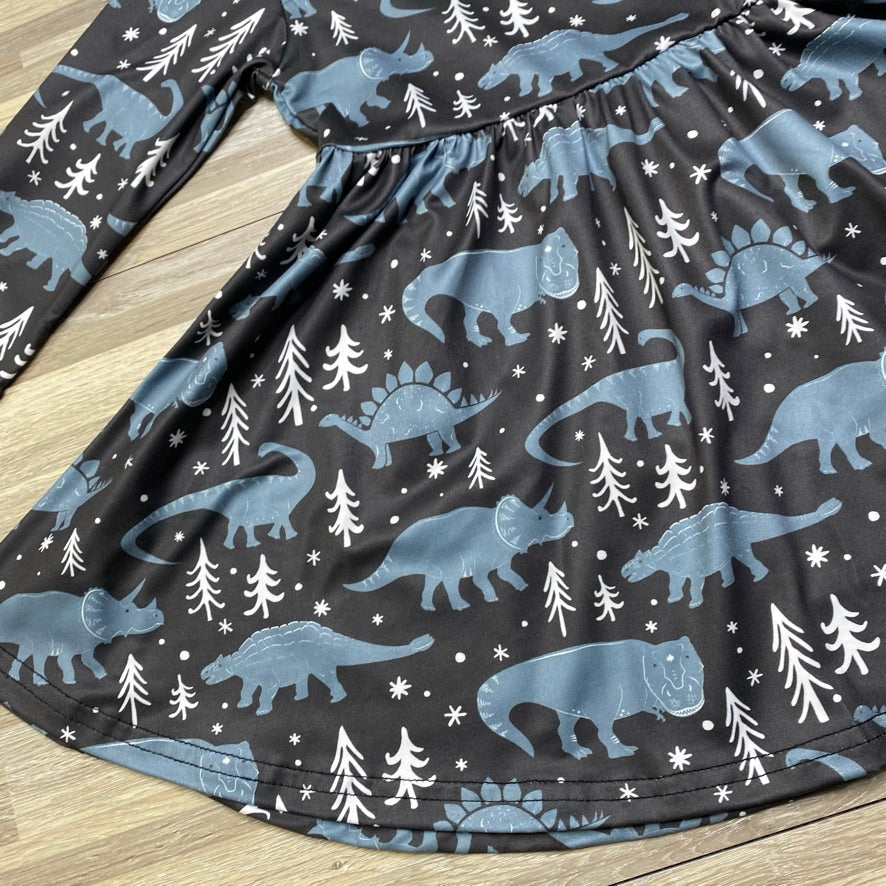 Winter Dinosaur Wonderland Twirly Dress (CC5903)-Dresses-ComfyCute by Sparkledots-sparkledots