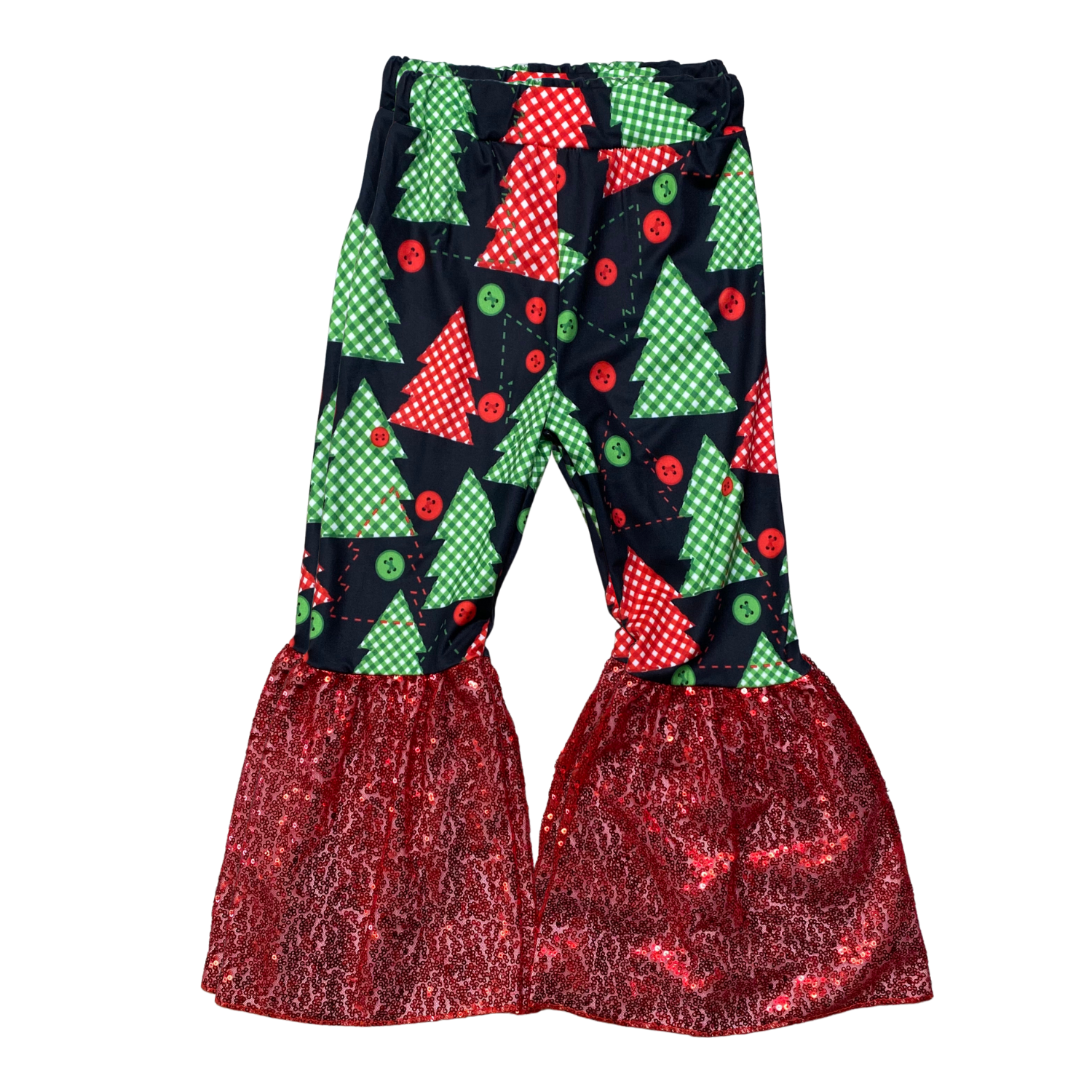Red Sequin Accent Button Trees Flare Bells (FSPE1003)-Pants-Sparkledots Exclusive-sparkledots