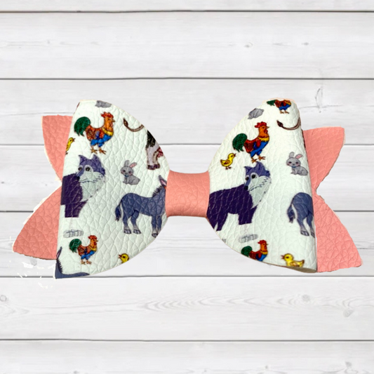 Pink and White Farm Animals Bow (Bow 18)