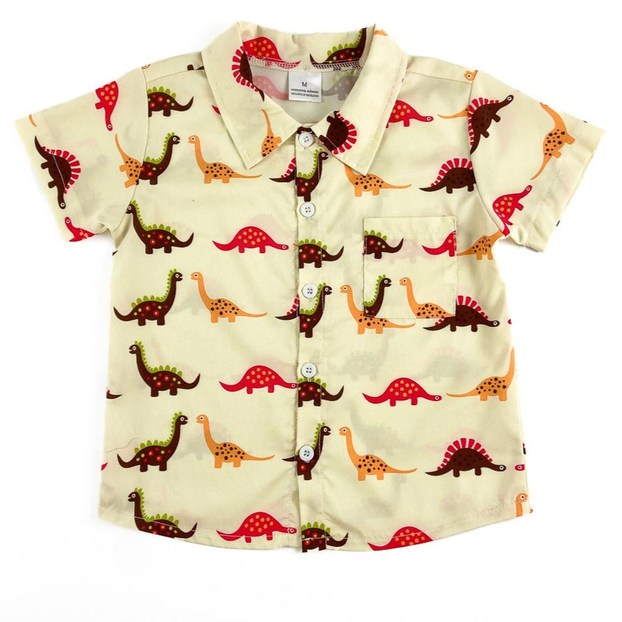 Cream Dinosaurs Woven Button Down (SWS4012)-Shirts & Tops-Sparkledots-sparkledots