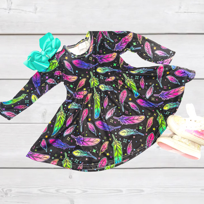 Psychedelic Feathers Twirly Dress-Dresses-ComfyCute by Sparkledots-sparkledots