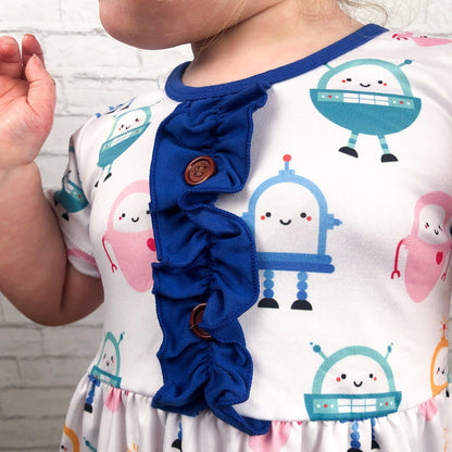 Cute Robots Ruffle Dress (SWS5032)-Dresses-Sparkledots-sparkledots