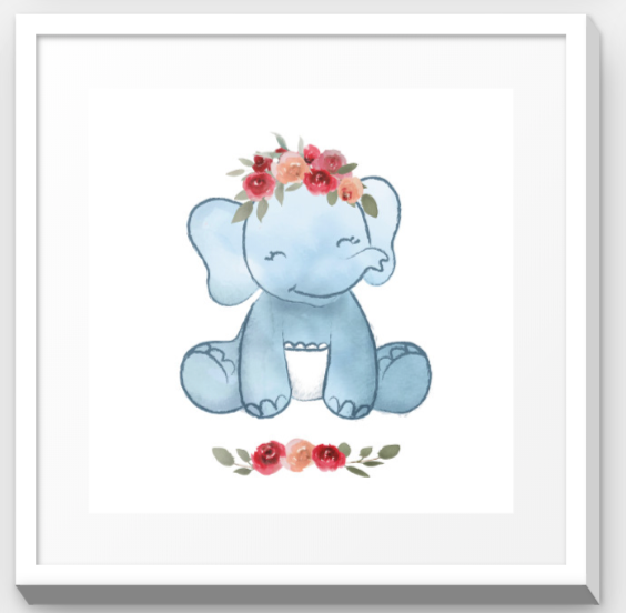 Stretchy Elephant Framed Art "Baby Stretchy With Flowers" - Little Lady Agency
