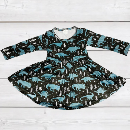 Winter Dinosaur Wonderland Twirly Dress (CC5903)-Dresses-ComfyCute by Sparkledots-sparkledots