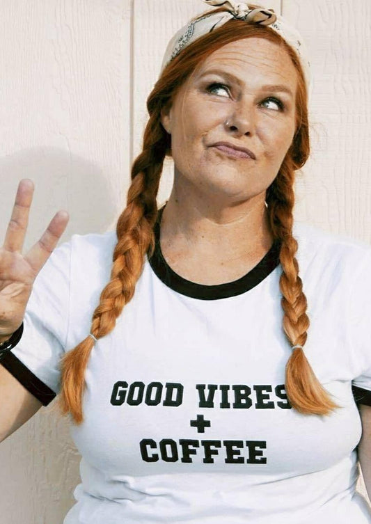 GOOD VIBES + COFFEE, Tee, Coffee Tee, Coffee T-shirt, Good Vibes Tee, Coffee Shirt, Coffee Tops, Coffee Gifts