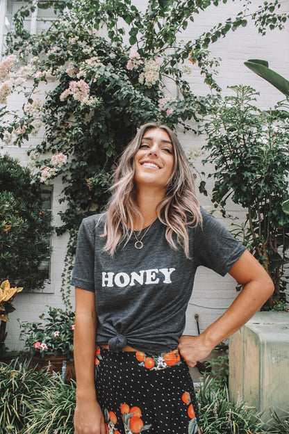 HONEY Tee, Vintage Charcoal Tee, Honey tshirt, Honey Tshirts, Yellow Tops, Retro Be Kind, Be Kind Tees, Kindness Tops. HONEY