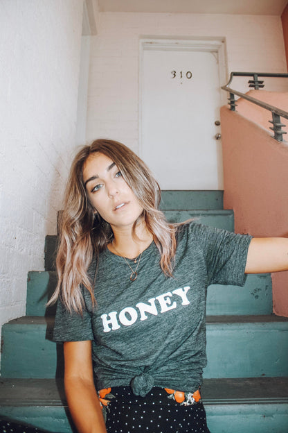 HONEY Tee, Vintage Charcoal Tee, Honey tshirt, Honey Tshirts, Yellow Tops, Retro Be Kind, Be Kind Tees, Kindness Tops. HONEY