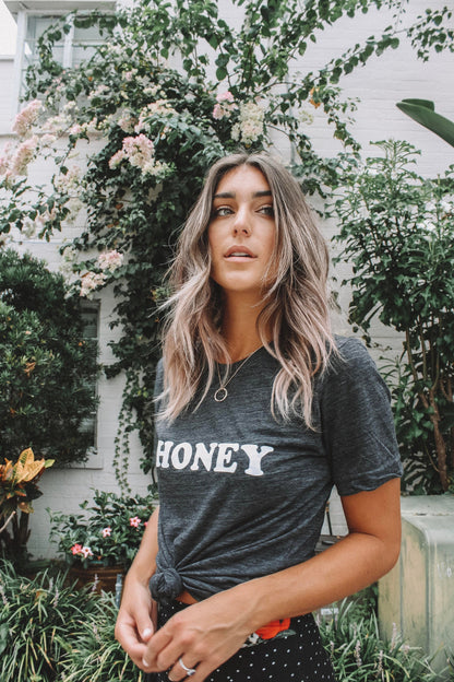 HONEY Tee, Vintage Charcoal Tee, Honey tshirt, Honey Tshirts, Yellow Tops, Retro Be Kind, Be Kind Tees, Kindness Tops. HONEY