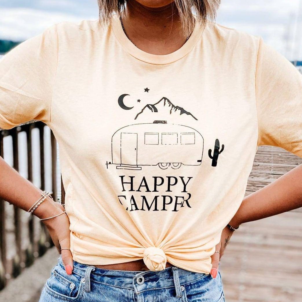 HAPPY CAMPER, Happy Camper Tshirt, Happy Camper Tank, Airstream Tshirt, Moon Tshirt, Happy Camper Shirt