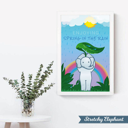 Stretchy Elephant Framed Art "Spring in the Rain" Option to add custom text - Little Lady Agency