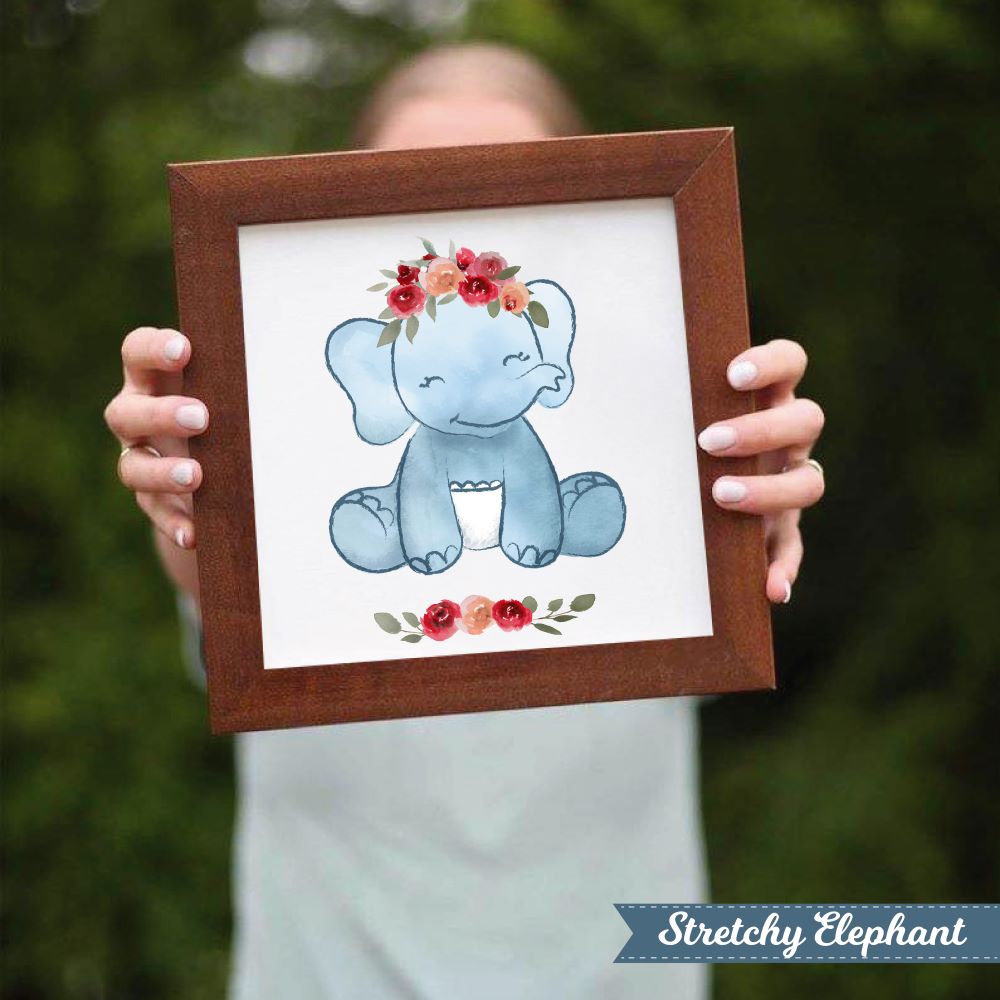 Stretchy Elephant Framed Art "Baby Stretchy With Flowers" - Little Lady Agency