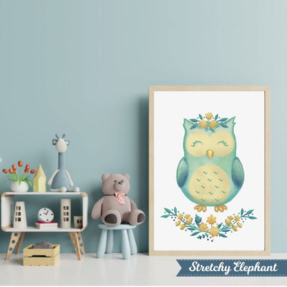 Stretchy Elephant Framed Art "Owl With Flowers 2" - Little Lady Agency