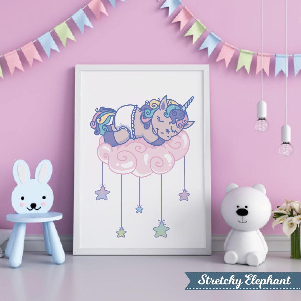 Stretchy Elephant Framed Art "Baby Unicorn Sleeping On Cloud" - Little Lady Agency