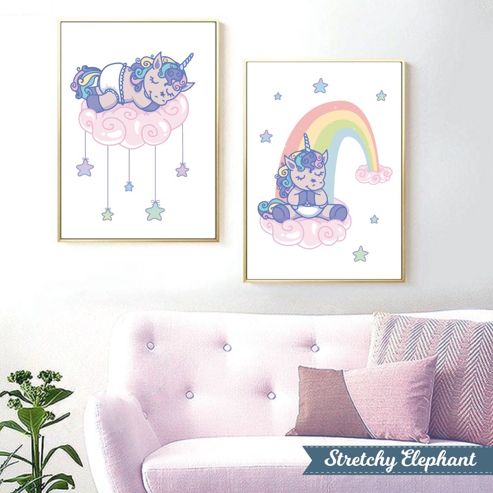 Stretchy Elephant Framed Art "Baby Unicorn Rainbow Clouds" - Little Lady Agency